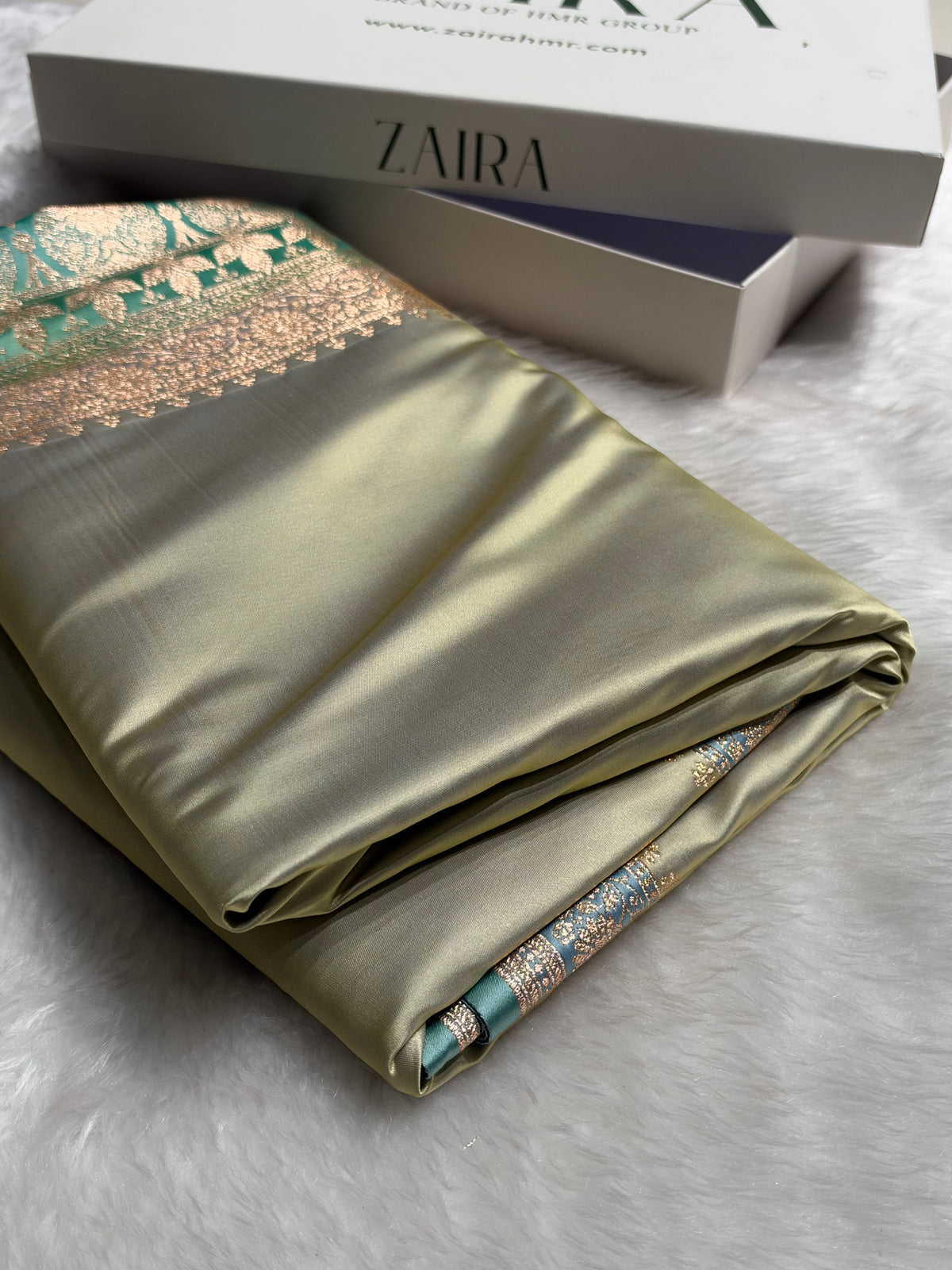 Banarasi Satin Katan Saree in Contrast Dusty Beige - Sea Green Shades SK131