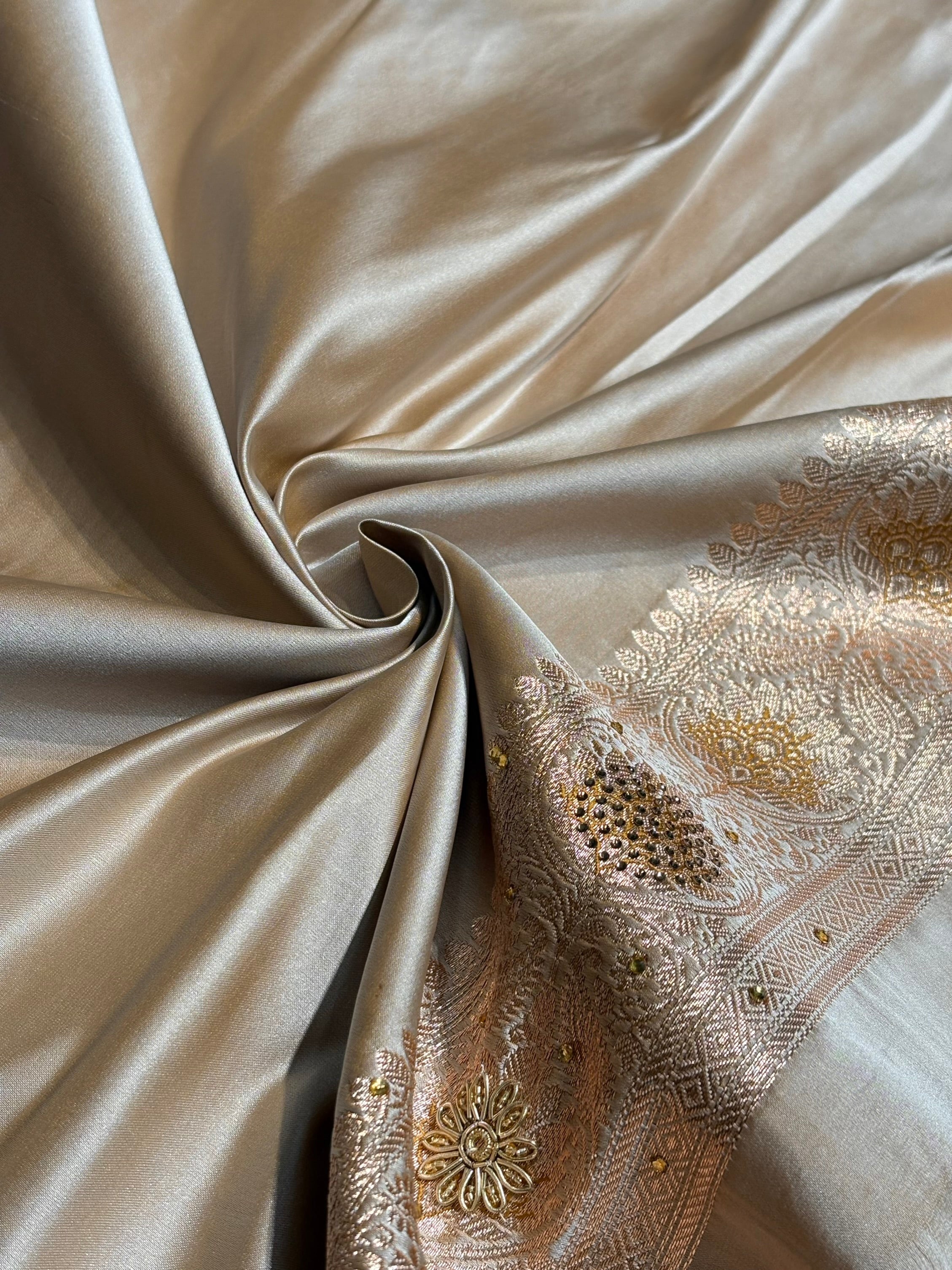 Tusser  Shades Booti Katan Silk Saree with Stone & Zardozi Work BSK12