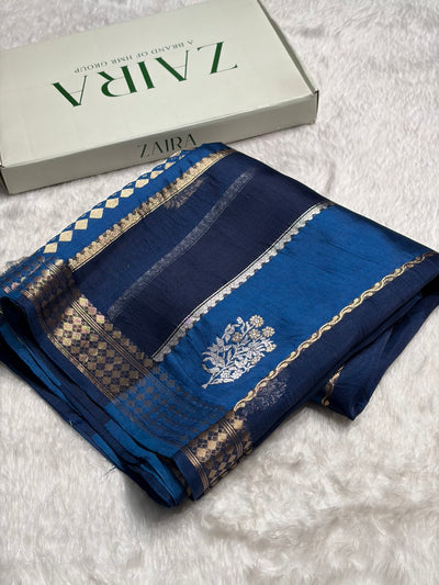 German Blue With Navy Shades Handwoven Pure Paper Silk RM-50