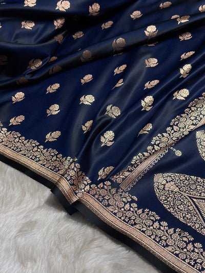 Navy Blue Floral Booti Katan Silk Saree SK23