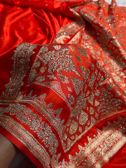 Orange Banarasi Swarovski Work Booti Katan Silk Saree BSKM17