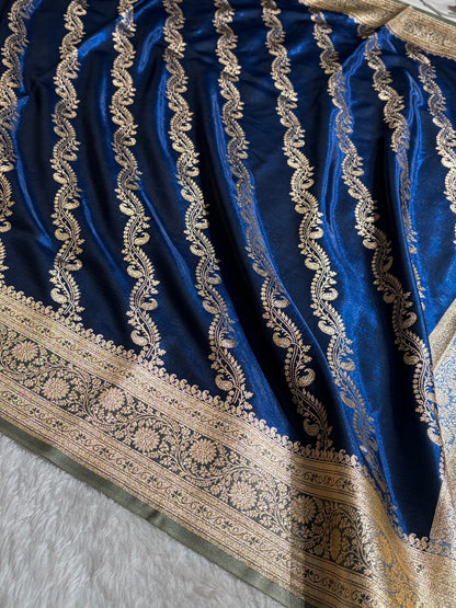 Royal Blue Contrast Shades Cross Pattern Banarasi Satin Silk Saree SS39