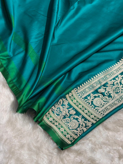 Banarasi Contrast Peacock With Rama Floral Border Mashru Silk Saree MSM-100