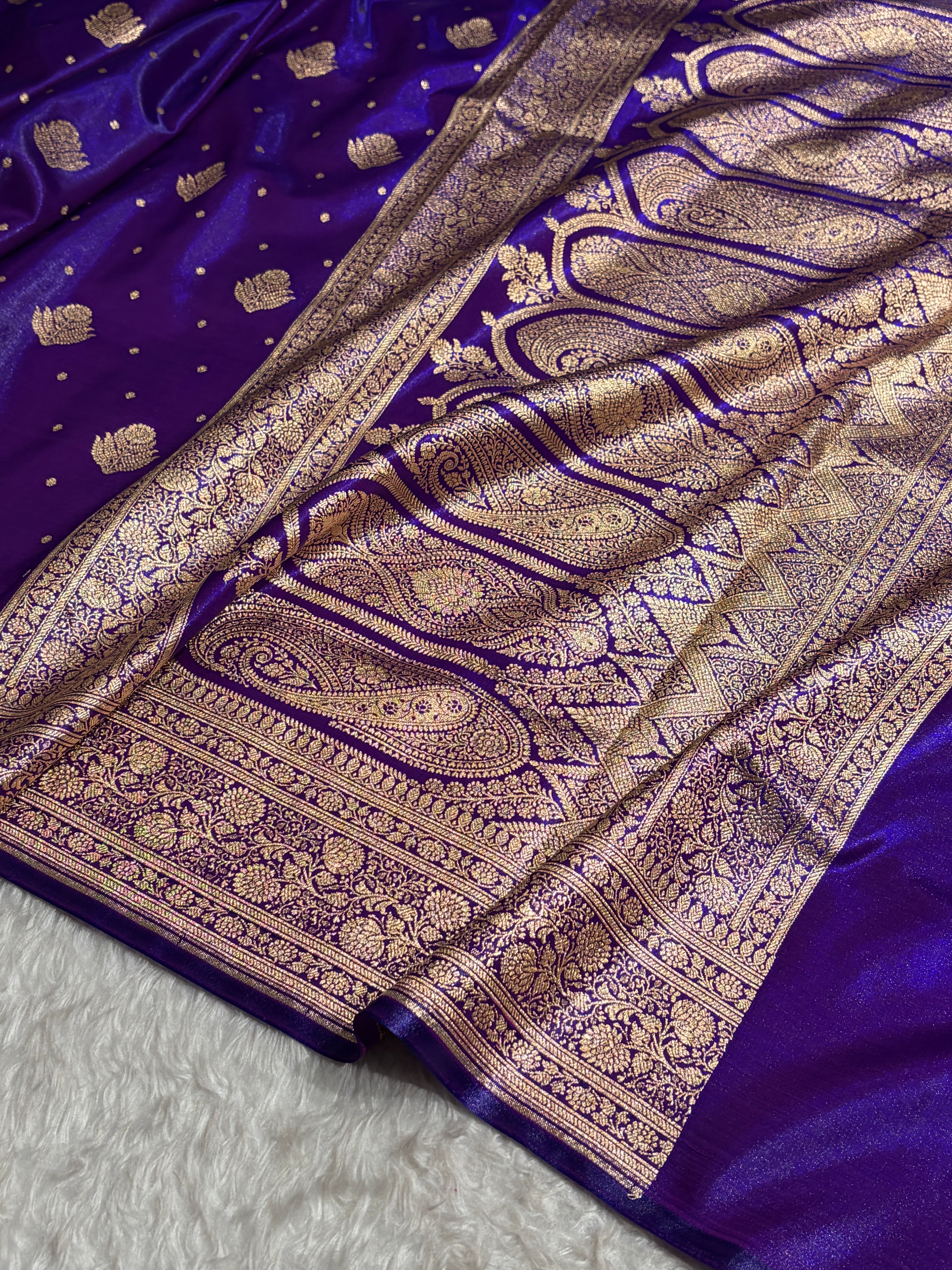 Banarasi Cross Purple Shades Booti Pattern Banarasi Satin Silk Saree SS59