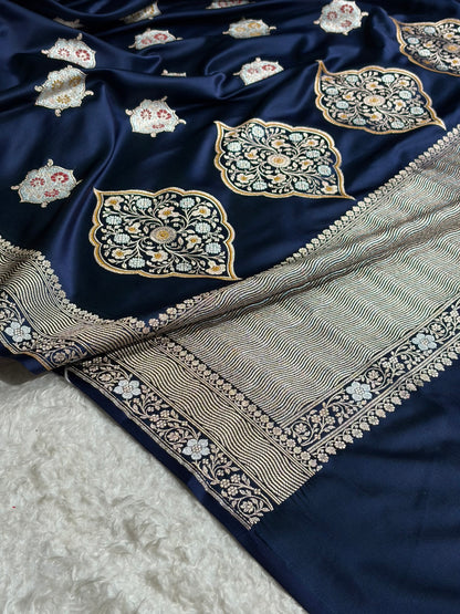 Premium Banarasi Satin Katan Saree Minakari Booti Pattern in Navy Blue Shades SK138