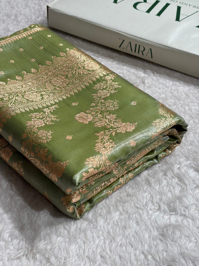 Satin Silk Saree Banarasi Cross with booti In Pista Shades SS22