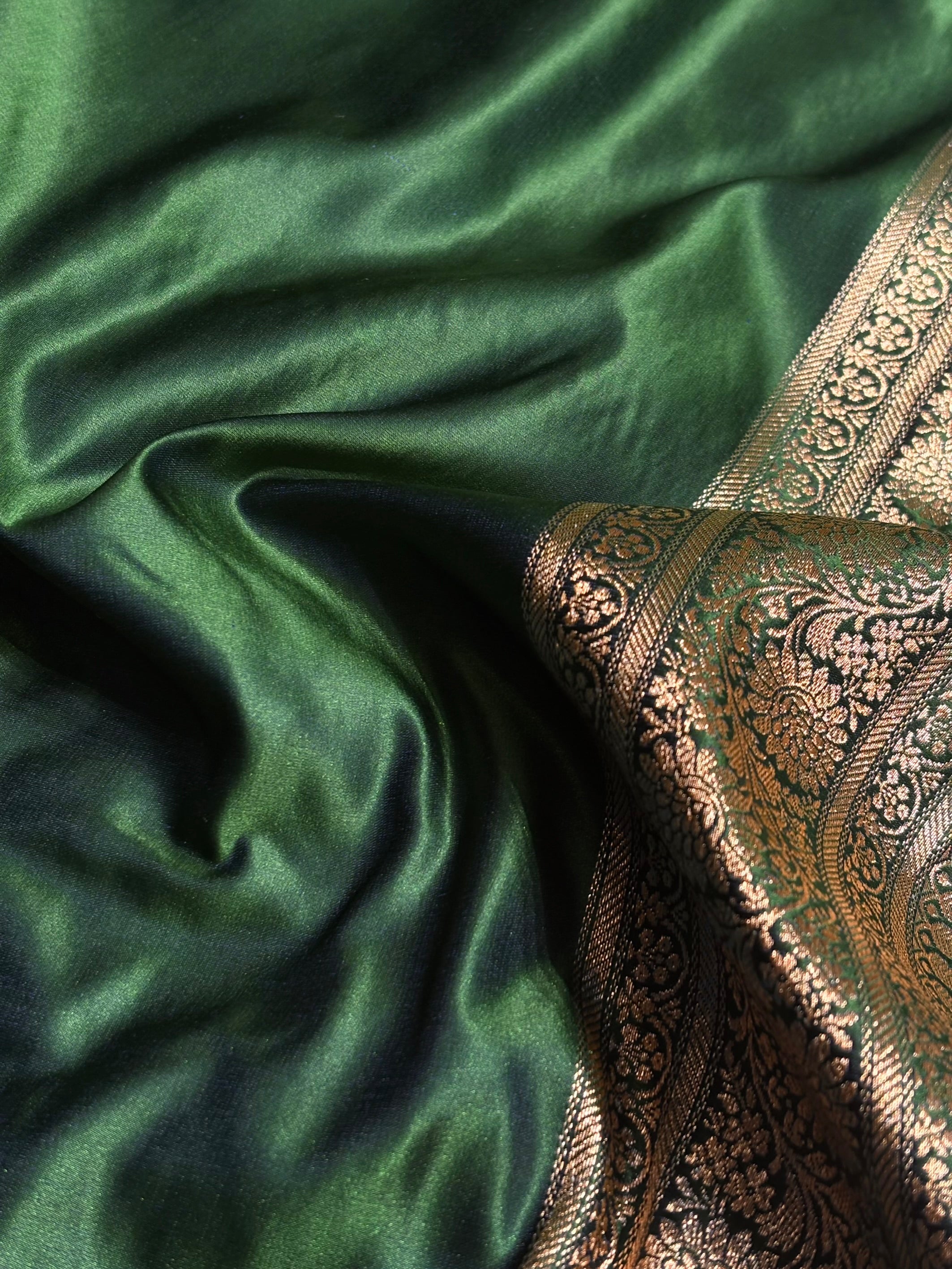 Bottle Green Cross Floral Jaal Pattern Satin Katan Silk saree SK60