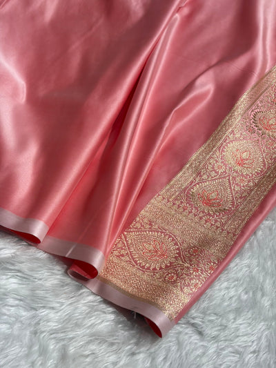 Banarasi Satin Katan Saree Booti Pattern in Baby Pink Shades with Sea Green Edges SK05