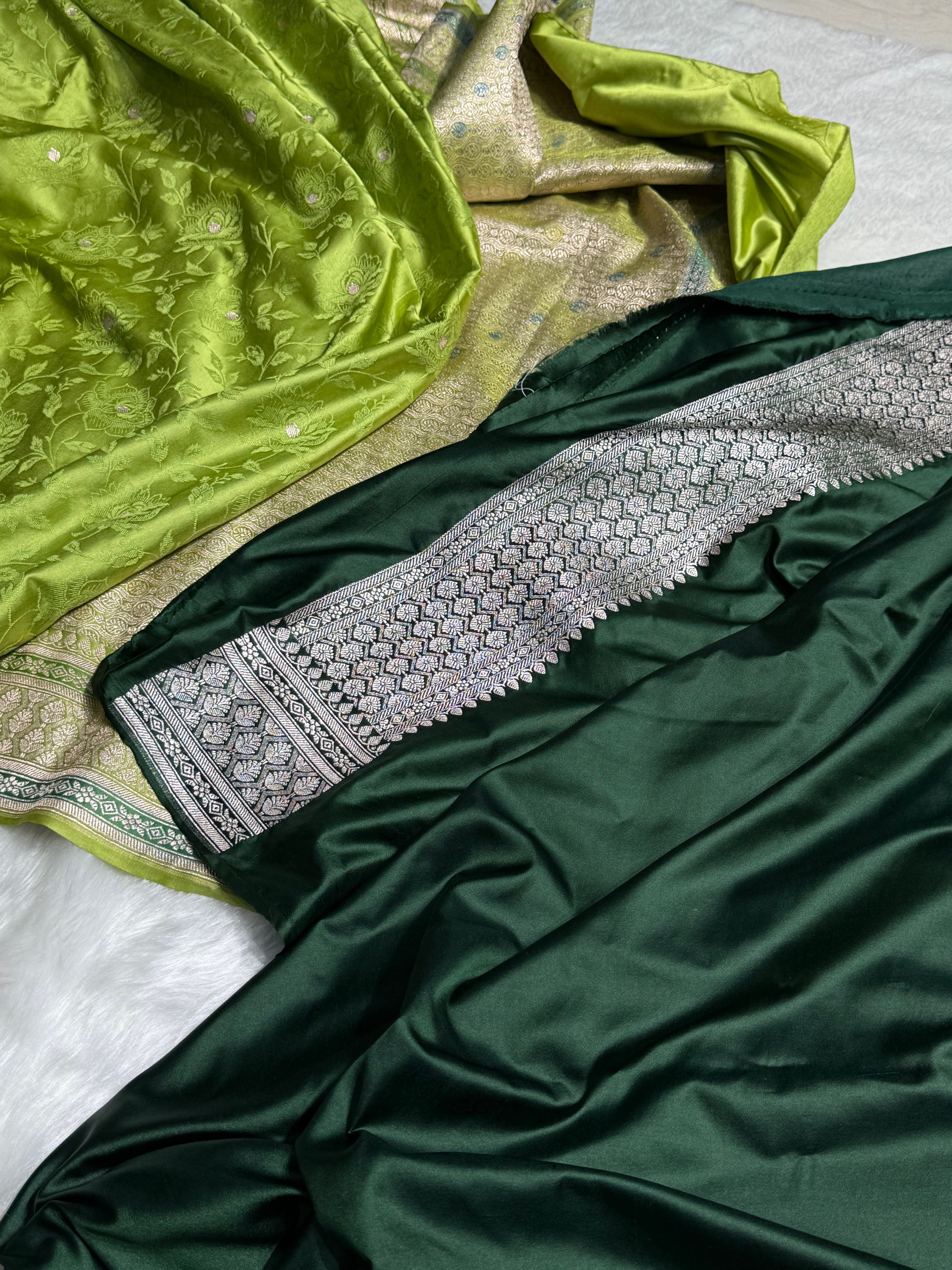 Banarasi Tanchoi Pista Green with Dark Green Blouse Shades Floral Booti Mashru Silk Saree