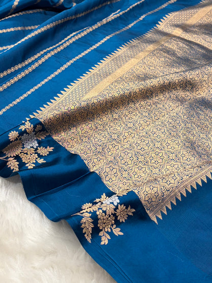 Banarasi German Blue Shades Minakari Boota Handwoven Pure Paper Silk RM-78