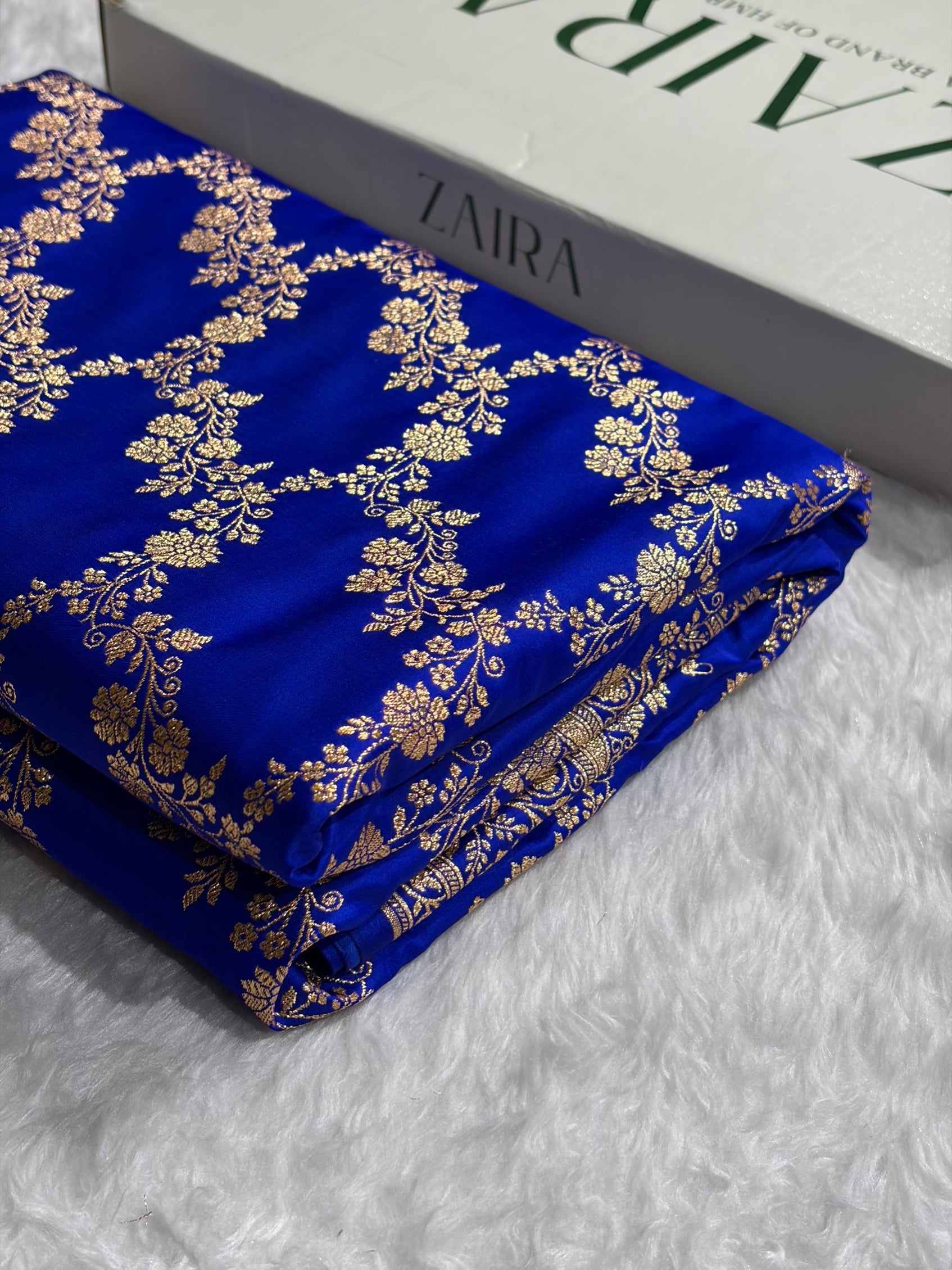 Banarasi Royal Blue Shade Floral Jaal Pattern Satin Katan Silk Saree SK43