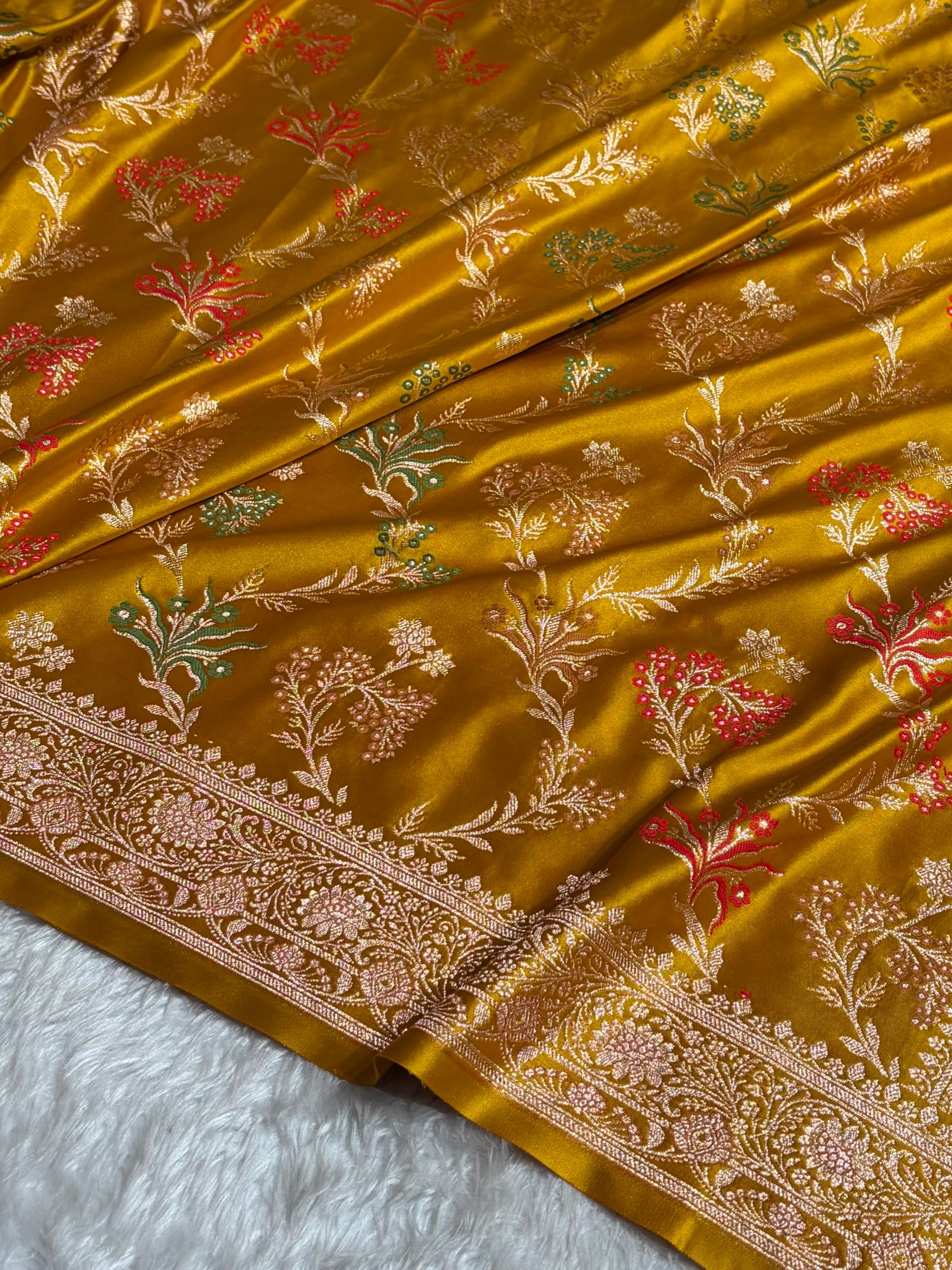 Banarasi Satin Katan Saree Floral Minakari Jaal Pattern in Mustard Shades SK151