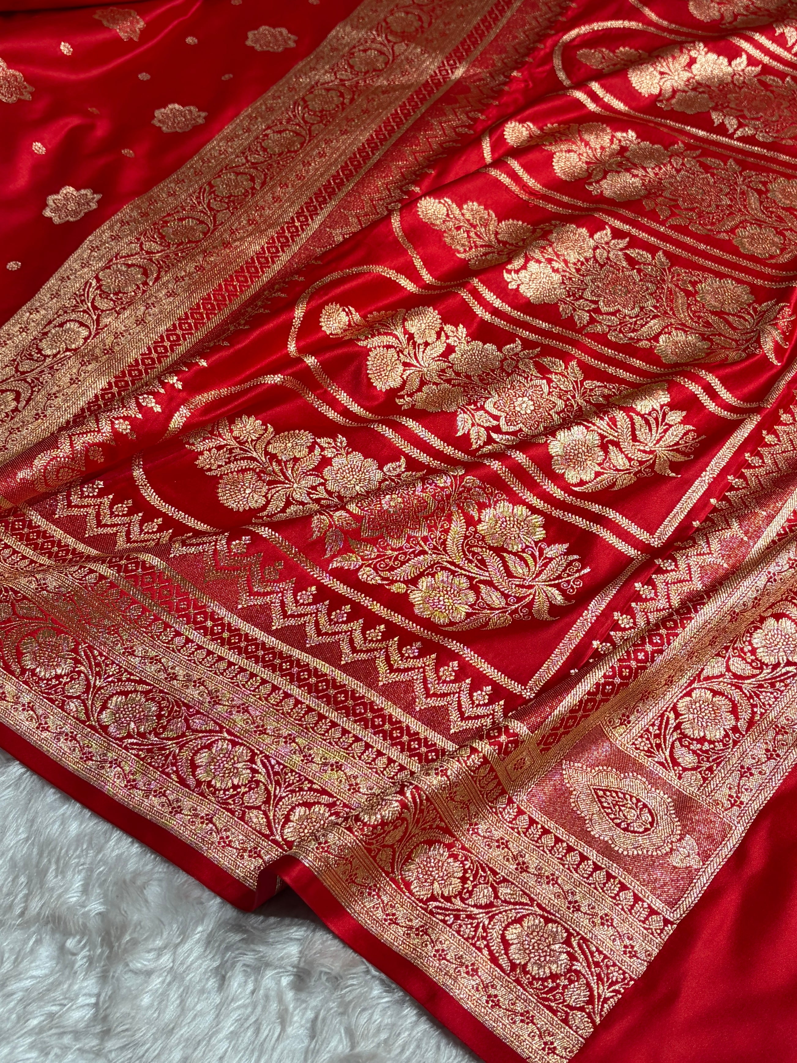Banarasi Satin Katan Saree Floral Boota Pattern in Red Shades SK146