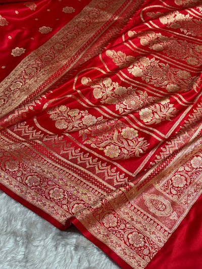 Banarasi Satin Katan Saree Floral Boota Pattern in Red Shades SK146