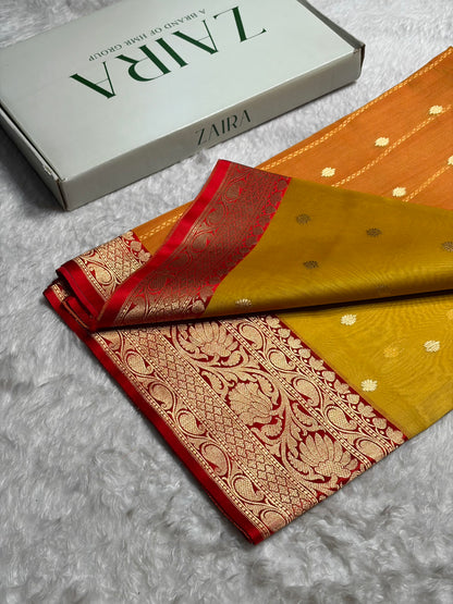 Contrast Pure Banarasi Organza Mustard With Red Floral Banarasi Silk Saree PO-15