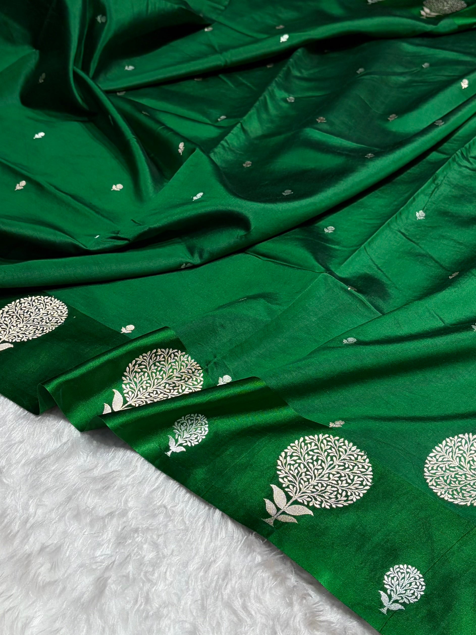 Bottle Green Shades Handwoven Pure Paper Katan Silk RM-65