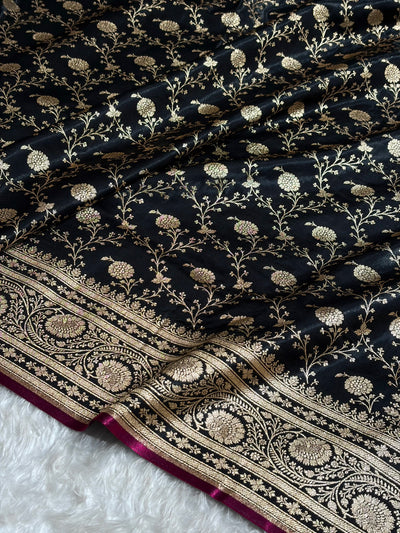 Black Shades Jaal Pattern Banarasi Satin Silk Saree SS55