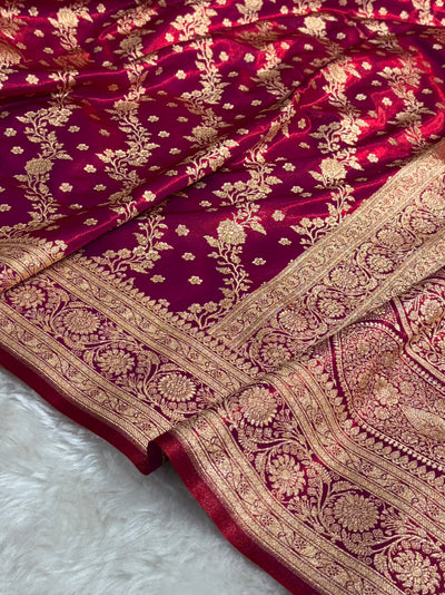 Banarasi Satin Silk Saree Cross with Booti in Magentic Red Shades SS24