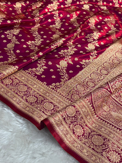 Banarasi Satin Silk Saree Cross with Booti in Magentic Red Shades SS24