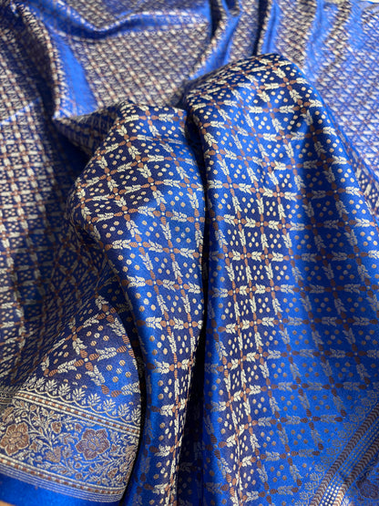 Royal Blue Jamawar Tanchoi Jaal Katan Silk Saree SKTM-23