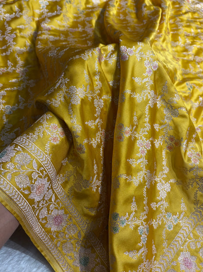Banarasi Mustard Jaal With Minakari Pattern Mashru Silk Saree MS56