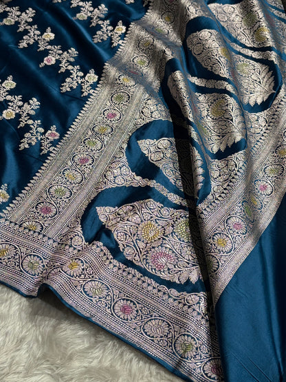 German Blue Minakari Cross Pattern Mashru Silk Saree MCS01