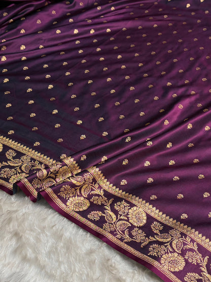 Wine Shades Floral Pattern Satin Katan Silk Saree SK77