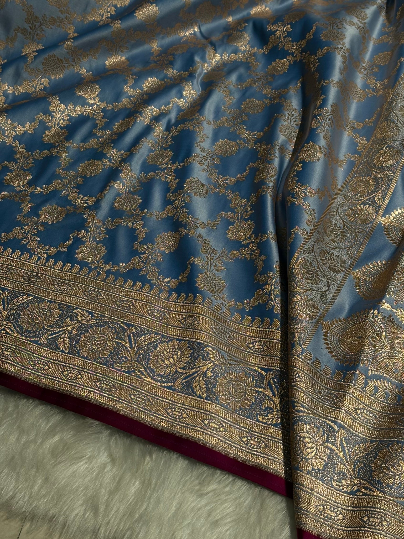 Nile Blue Jaal Pattern Satin Katan Silk Saree SK25