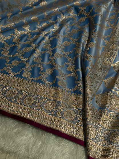 Nile Blue Jaal Pattern Satin Katan Silk Saree SK25