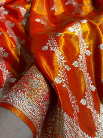 Fire Gold Shades Cross Pattern Banarasi Satin Silk Saree SS50
