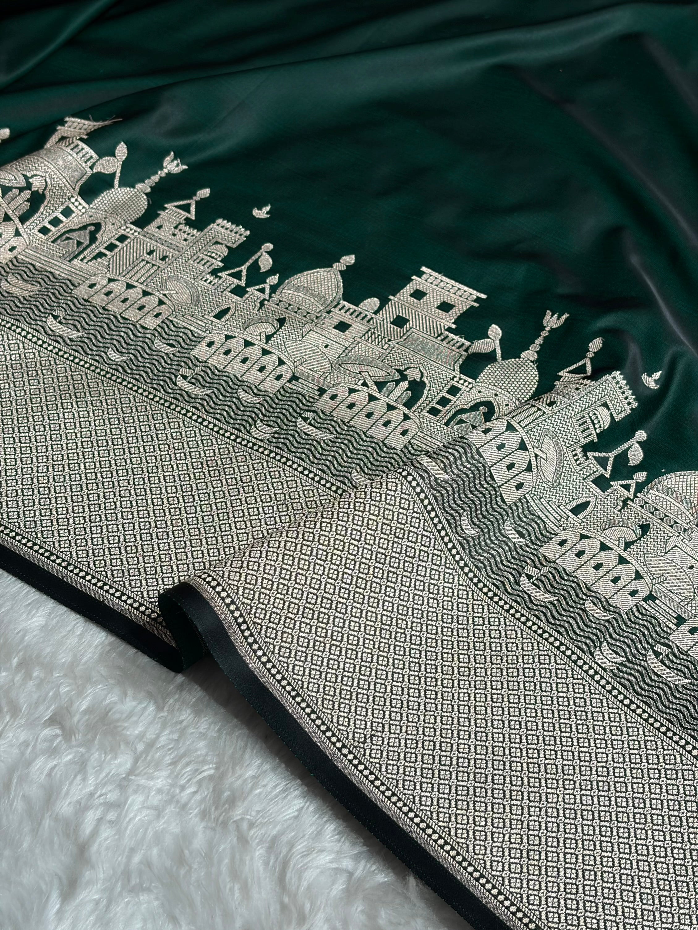 Dark Green Shades Ghat Pattern Satin Katan Silk Saree SK19