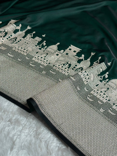 Dark Green Shades Ghat Pattern Satin Katan Silk Saree SK19