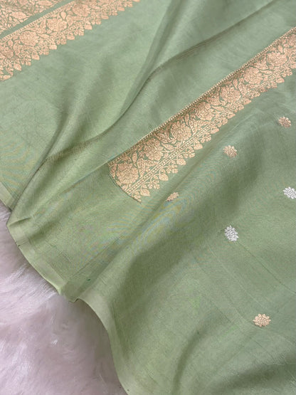 Bottle Green With Pista Contrast Shades Meena Boota Handwoven Pure Katan Paper Silk RM-36