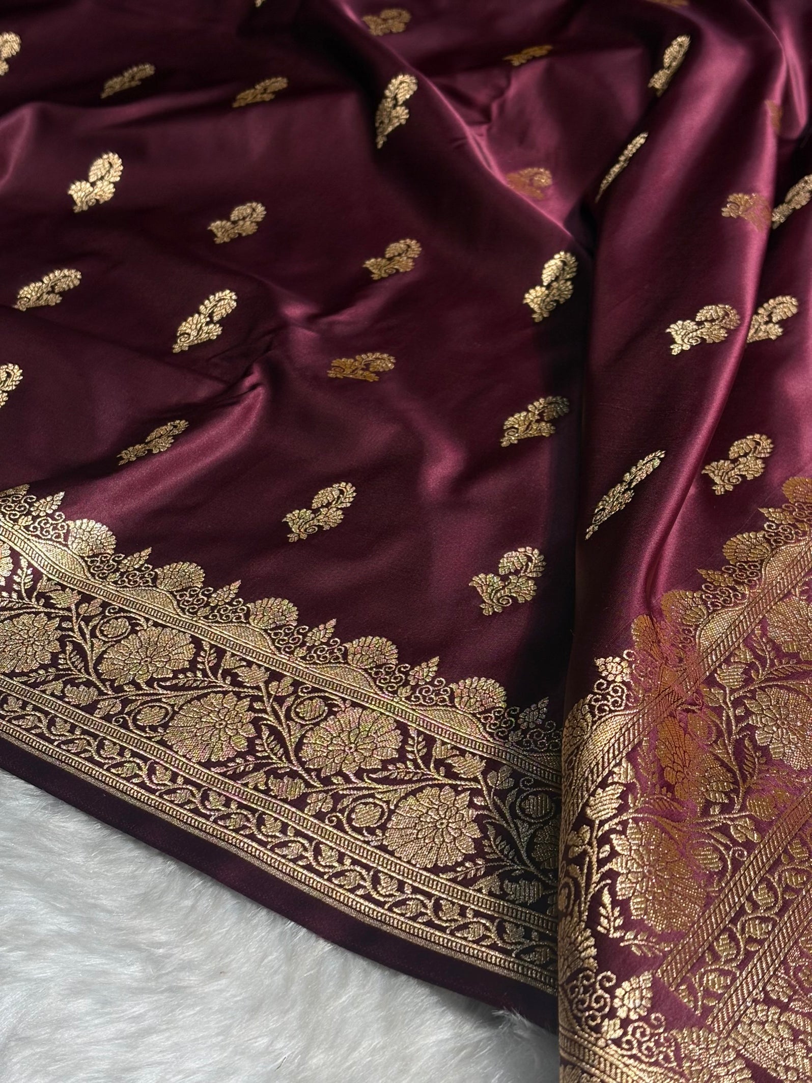 Garnet Shades Floral Booti Motif Satin Katan Silk saree SK61