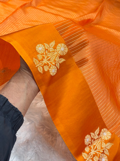 Pure Banarasi Organza Orange Shades With Satin Minakari Border Floral Banarasi Silk Saree PO-22