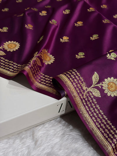 Wine Shades Minakari Boota Pattern Satin Katan Silk Saree SK18