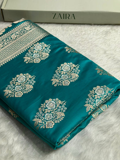 Premium Banarasi Satin Katan Saree With Minakari Boota in Rama Shades SK93