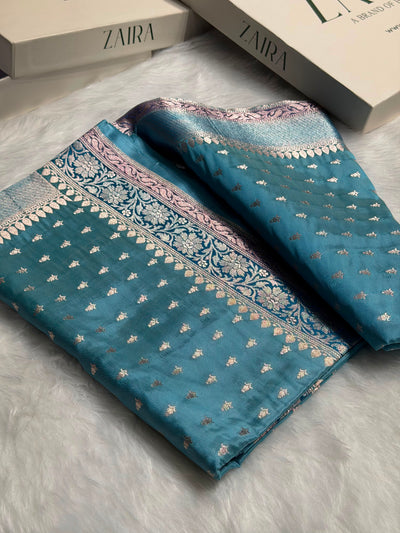 Sky Blue Shades With Contrast Border Crepe Silky Katan Banarasi Saree CSK-09