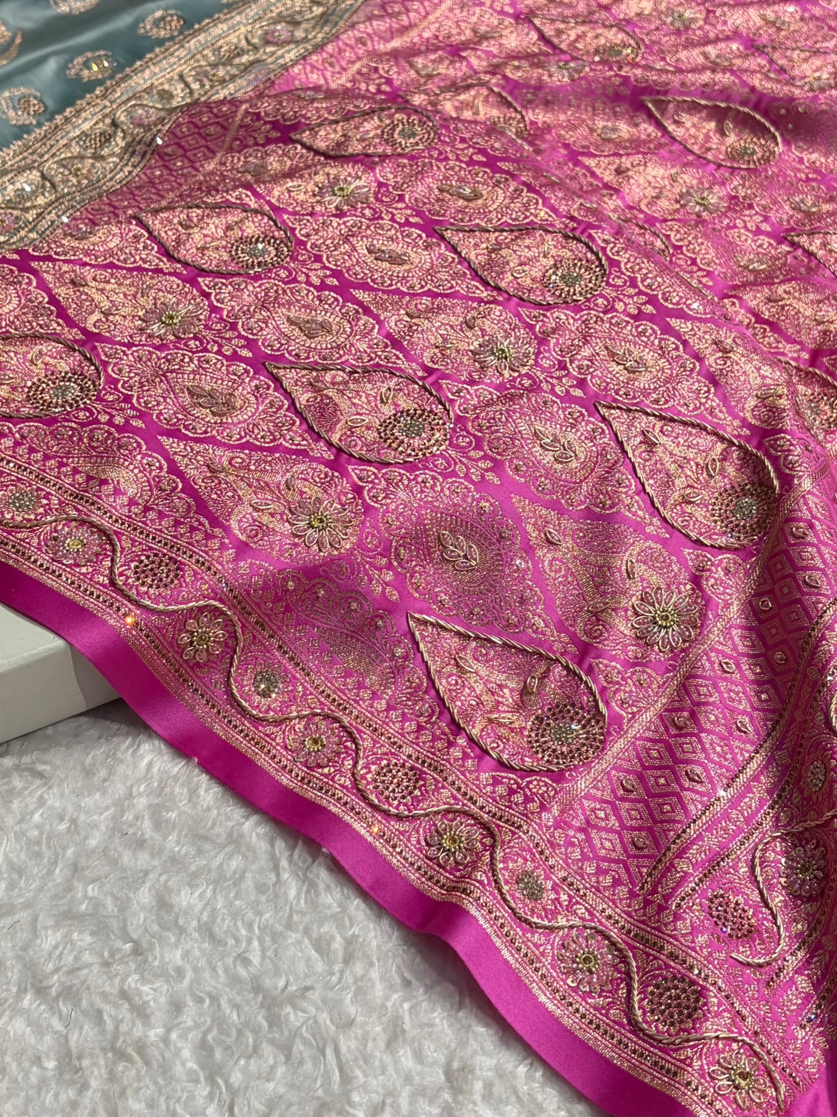 Turquoise with Lavender Floral Boota With Swarovski & Zardozi Work Satin Katan Silk saree BSK27