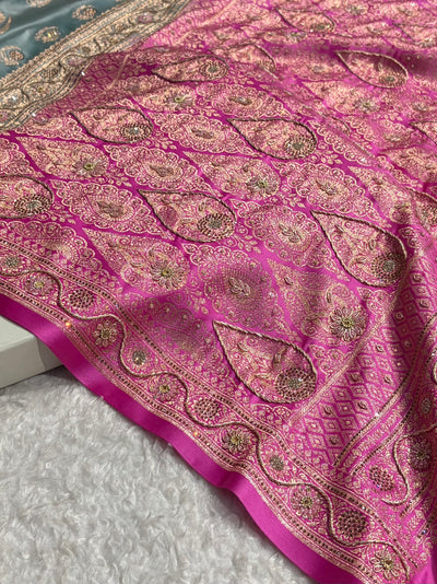 Turquoise with Lavender Floral Boota With Swarovski & Zardozi Work Satin Katan Silk saree BSK27