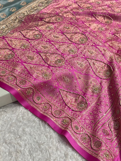 Turquoise with Lavender Floral Boota With Swarovski & Zardozi Work Satin Katan Silk saree BSK27
