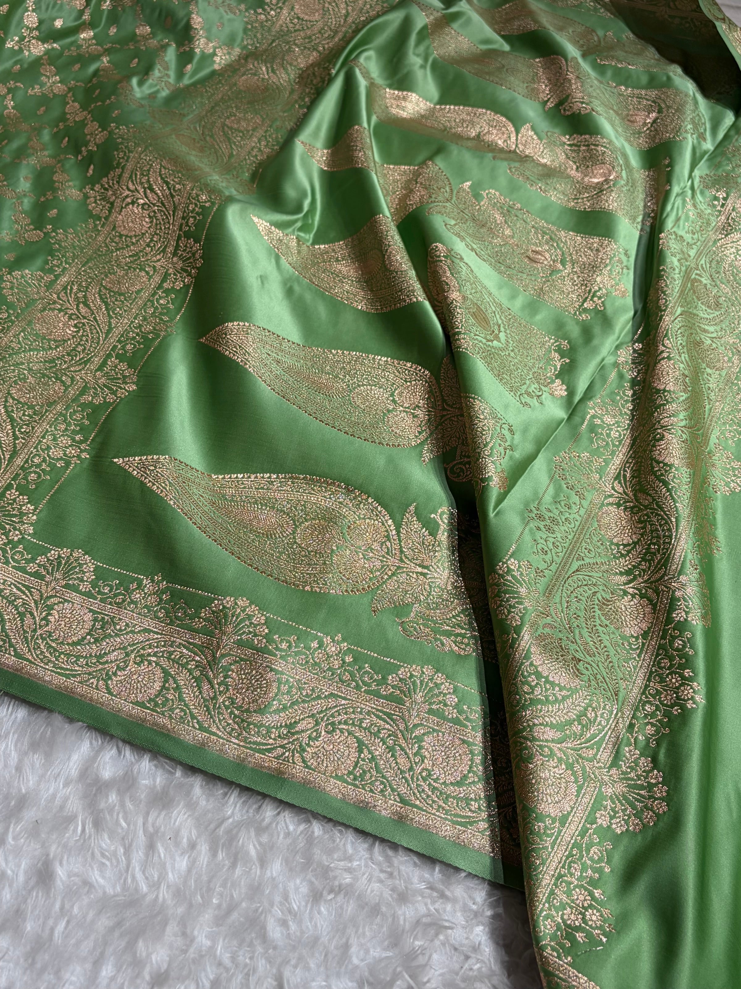 Banarasi Satin Katan Saree Jaal Pattern In Pista Shades SK133
