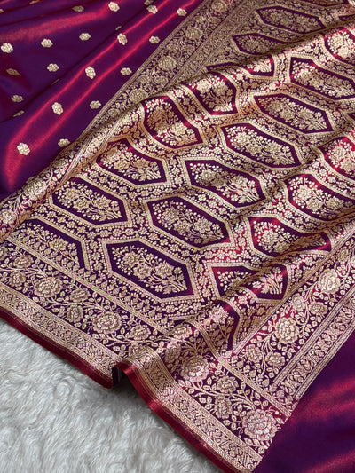 Banarasi Magentic Red Shades Booti Pattern Banarasi Satin Silk Saree SS63