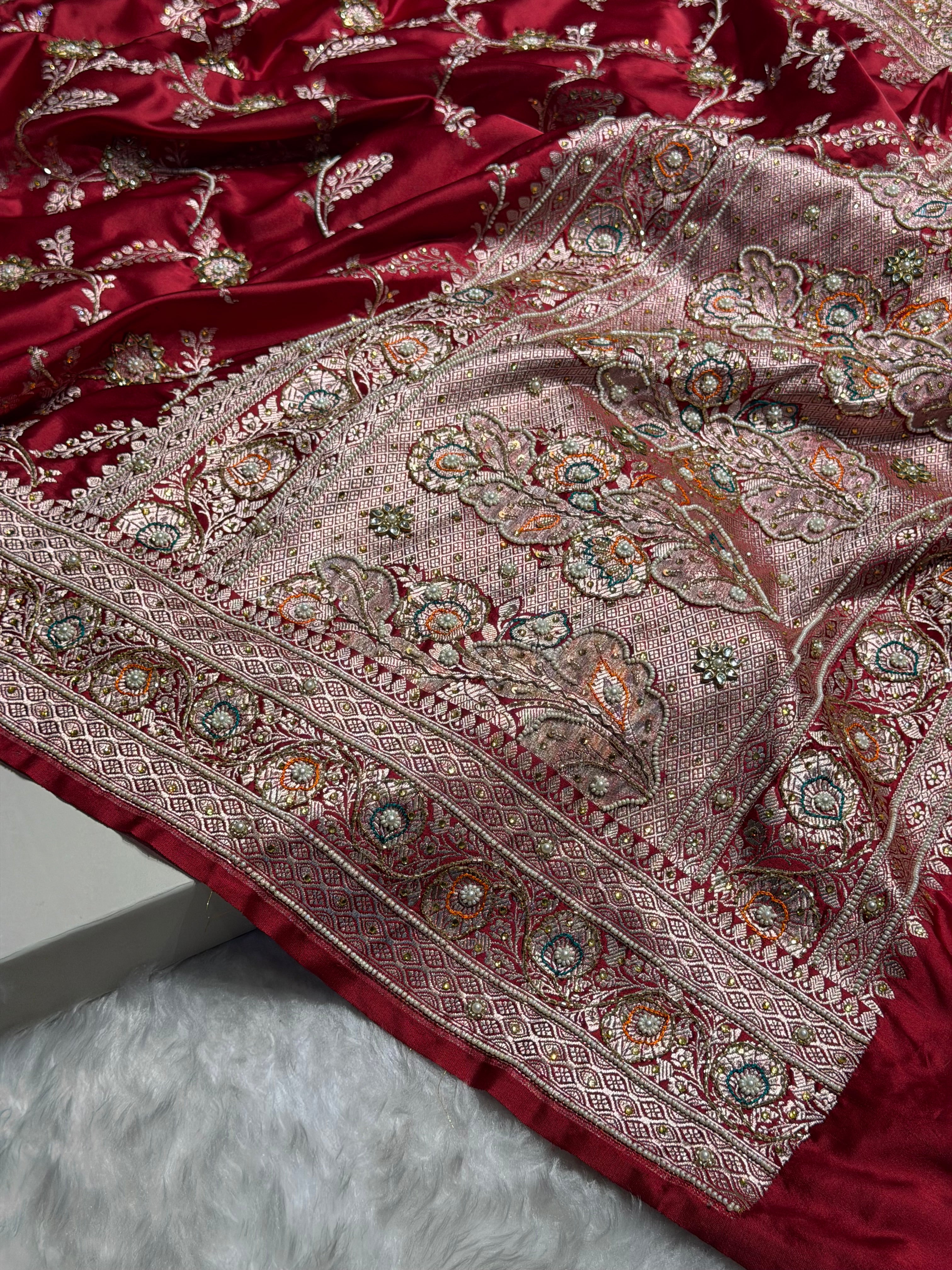 Banarasi Maroon Minakari Mashru Silk Saree with Ari and Mooti work BMS23