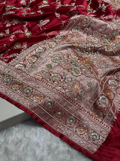 Banarasi Maroon Minakari Mashru Silk Saree with Ari and Mooti work BMCS23