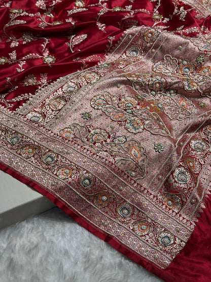 Banarasi Maroon Minakari Mashru Silk Saree with Ari and Mooti work BMS23