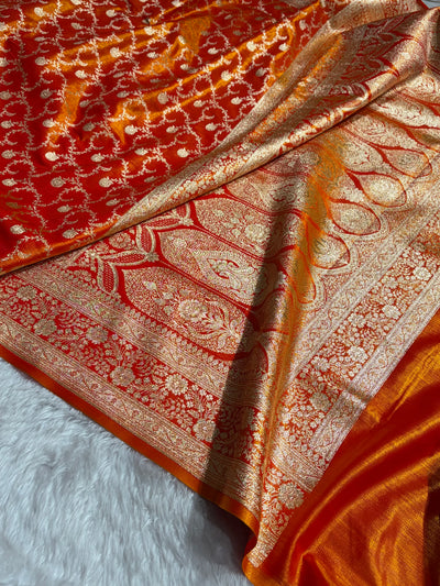Fire Gold Shades Jaal Pattern Banarasi Satin Silk Saree SS43