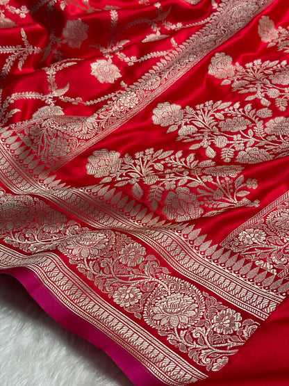 Red Jaal Pattern Satin Katan Silk Saree SK66