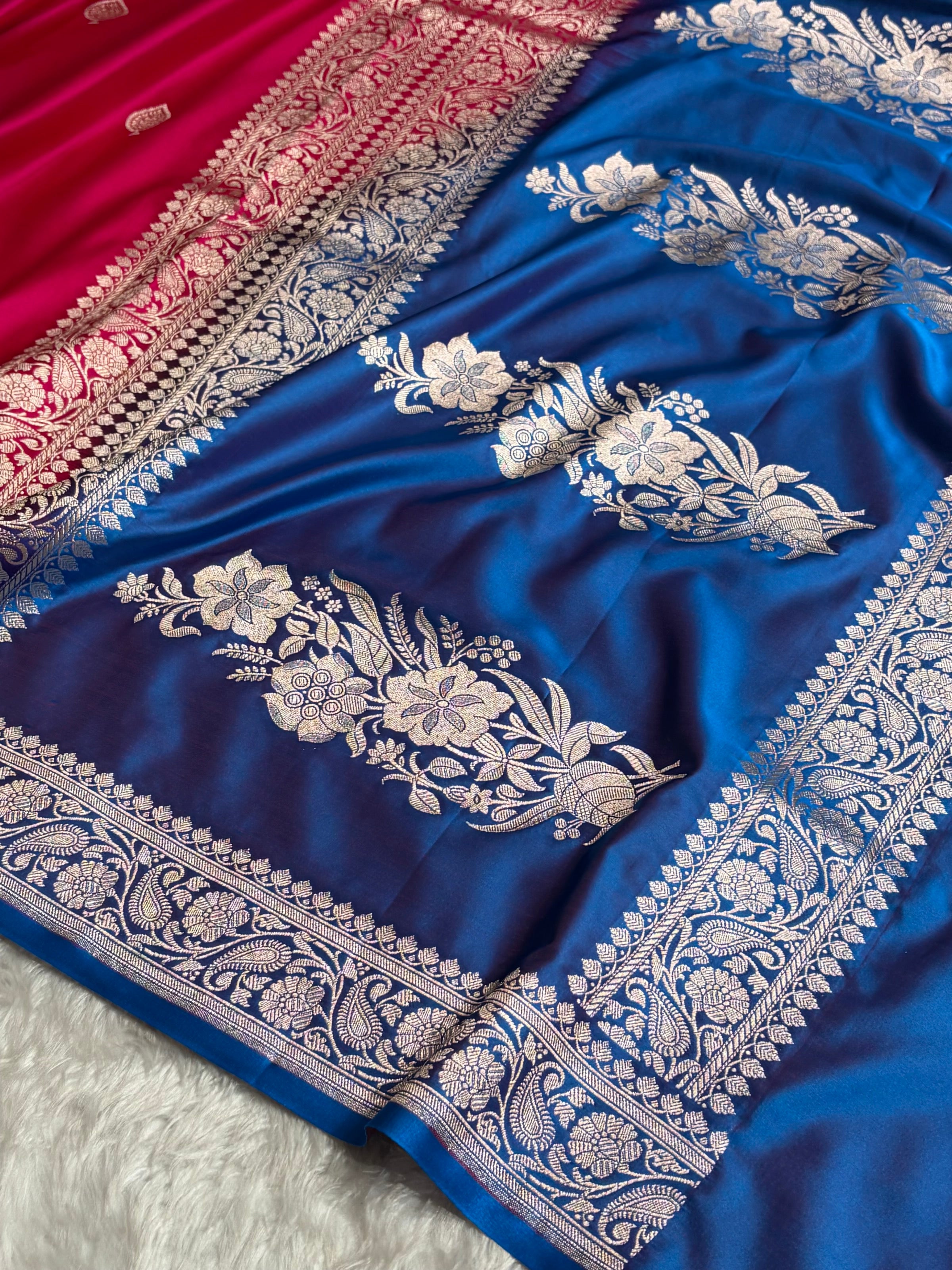 Contrast Rani / Firozi Shades Banarasi Booti Pattern Mashru Silk Saree MSM-140