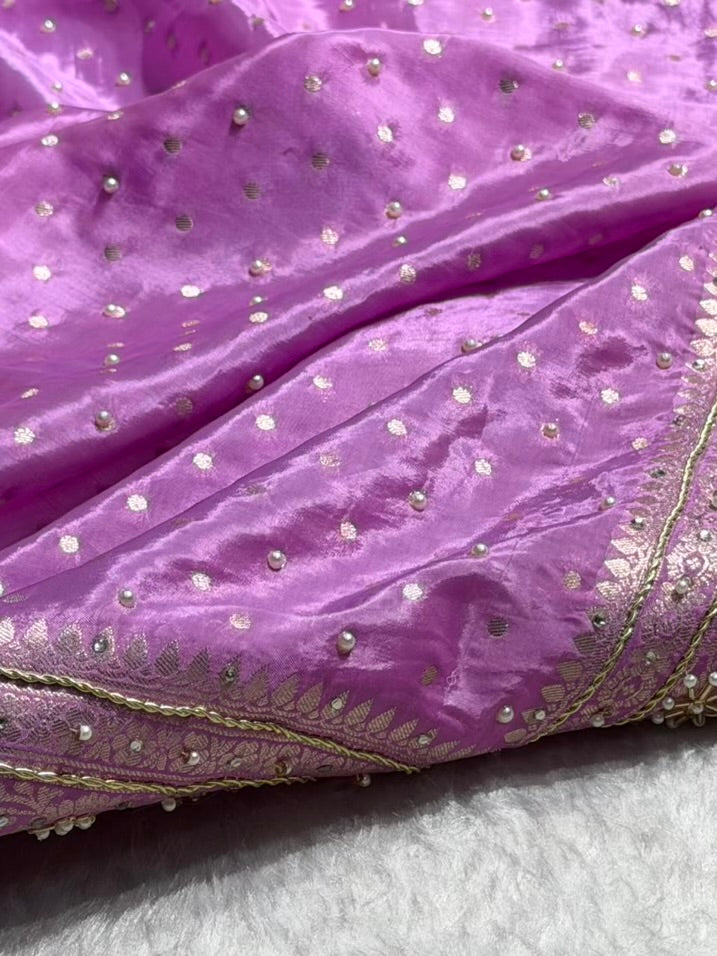 Lavender Shades Border Crepe Silky Katan With Ari Zardozi & Gotta Patti Work  Banarasi Saree BCSKGP-06